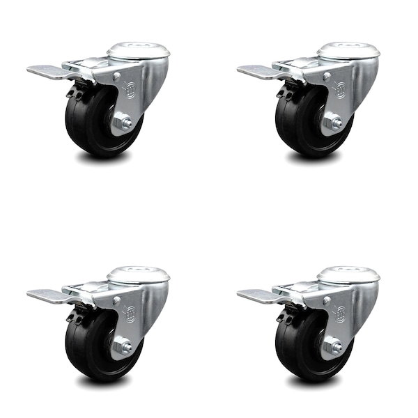 3.5 Inch Soft Rubber Swivel Bolt Hole Caster Set with Total Lock Brake SCC